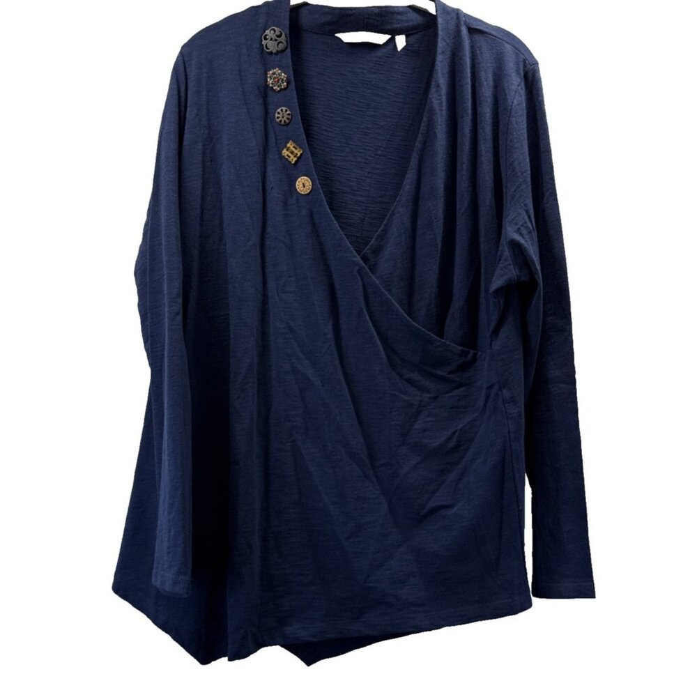 Soft Surroundings Faux‎ Wrap Top L Petite Dark Blue Buttons Long Sleeve Tunic